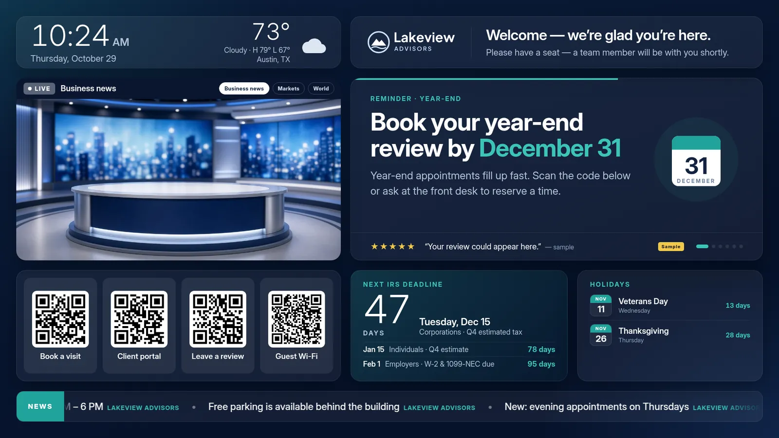 A TV running AnyScreen: clock, weather, a welcome message, a live video panel, QR codes and a news ticker.