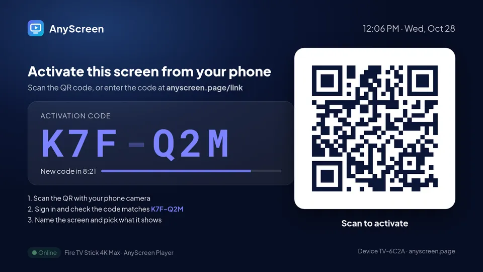 The TV showing a short activation code and a QR code.